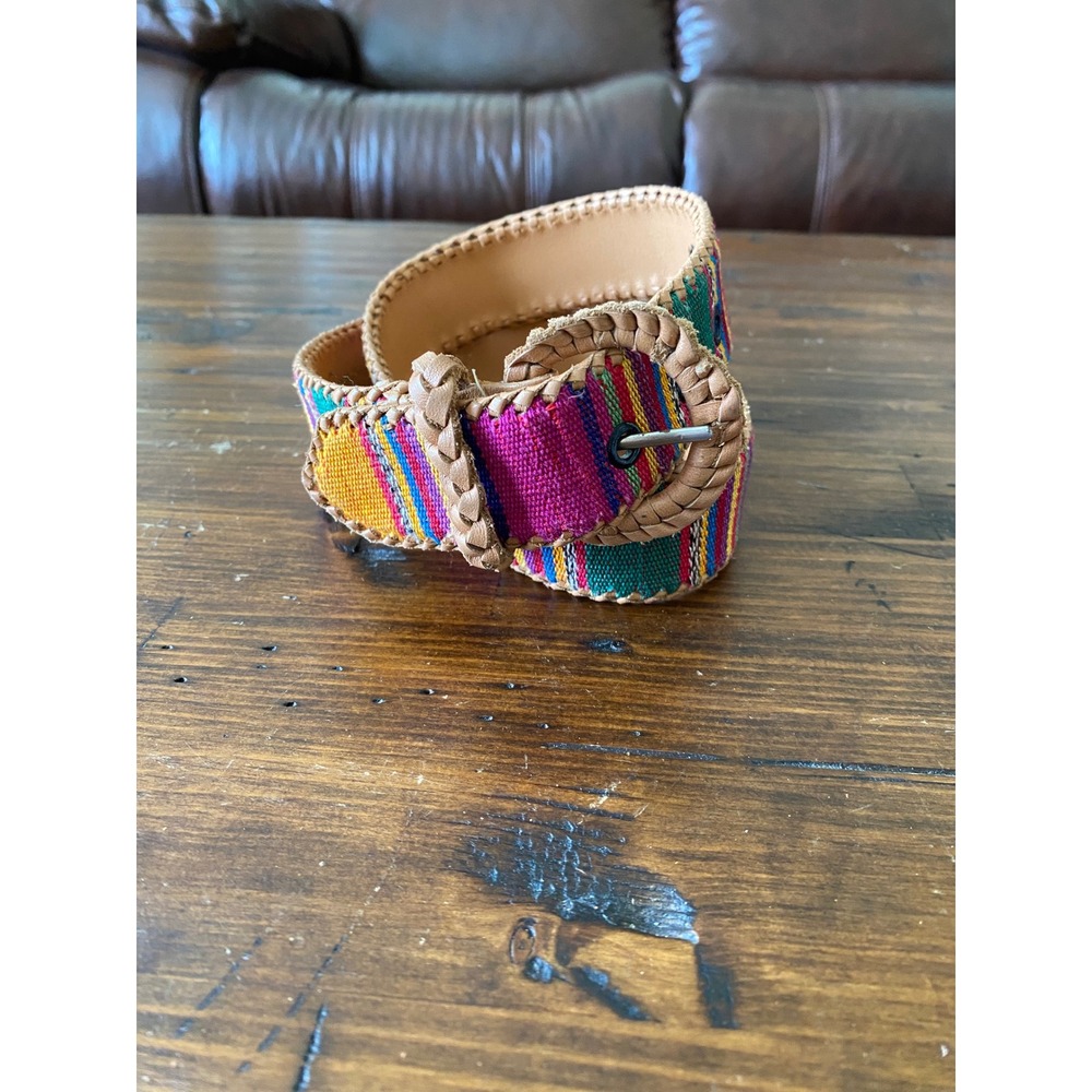 Omega Guatemala Woven Leather Belt Small Multi Color Striped Boho Southwestern